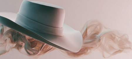 A stylish wide-brimmed hat appears sculpted from swirling smoke, set against a clean pastel backdrop. The image's minimalistic design makes it ideal for accessory branding or editorial use.の素材