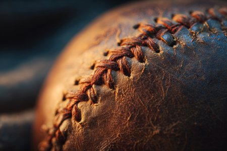 Close-up image of aged baseball leather showcasing worn seams under warm, cinematic lighting. The texture and details evoke a nostalgic sports atmosphere.の素材
