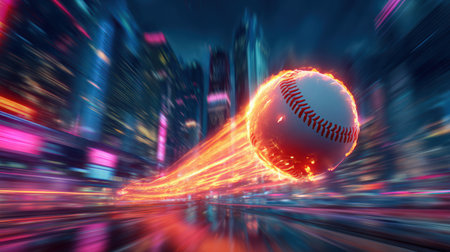 A dynamic fireball baseball streaks past neon-lit skyscrapers in a futuristic cityscape, creating a sci-fi sports reinterpretation with a vivid speed effect.の素材