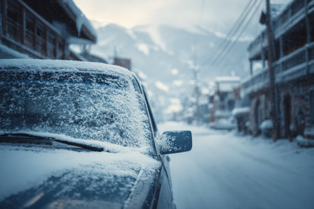 A parked car with a thick layer of snow on its windshield sits on a quiet mountain town street, capturing the serene stillness and cinematic depth of a winter scene.の素材