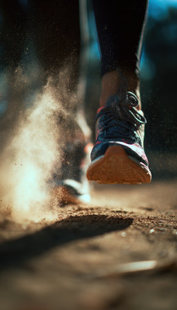Close-up action shot of running shoes in motion on a park path, capturing dust rising dynamically. The image emphasizes speed and movement in an outdoor setting.の素材