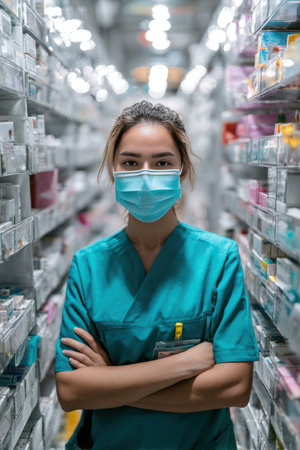 A healthcare worker in scrubs and mask stands confidently in front of organized medicine shelves, highlighting a bright, sterile pharmacy setting with a cinematic professional tone.の素材