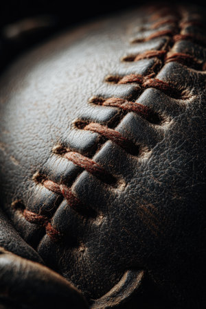 A detailed macro shot highlighting the seams of a baseball nestled in the folds of a glove. The high-contrast lighting emphasizes the tactile texture of the leather and stitches.の素材