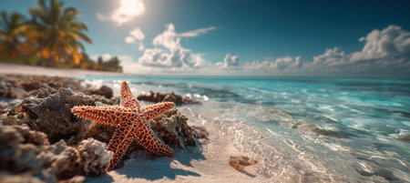 A picturesque tropical beach scene featuring a starfish and coral in the foreground. The vibrant blue sky and glowing afternoon sunlight create a cinematic holiday atmosphere.の素材