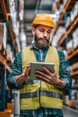 A bearded logistician wearing safety gear reviews route plans on a tablet with a focused expression in a bright, organized warehouse setting.の素材