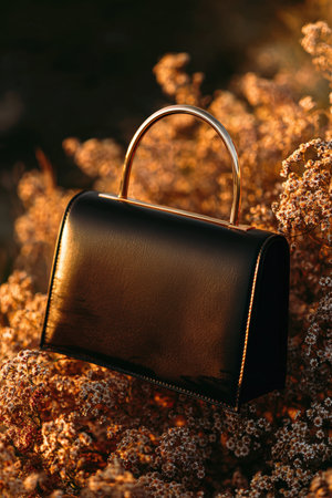 Elegant matte black boutique bag with delicate handles, captured in a glowing golden-hour setting. The minimal aesthetic highlights its sophisticated design amidst a natural backdrop.の素材