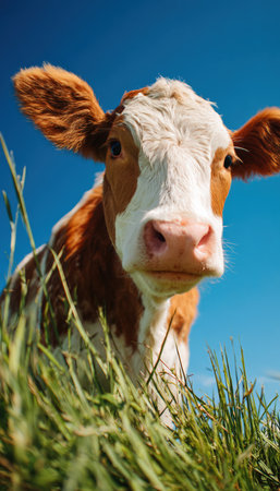 A curious cow with a tilted head stands in a lush green pasture under a clear blue sky, creating a cinematic and lighthearted mood. The vibrant colors enhance the scene.の素材