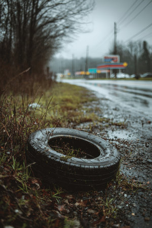 A worn-out tire lies abandoned on a wet roadside, captured in moody overcast light. The cinematic realism and storytelling perspective evoke a sense of neglect and decay.の素材