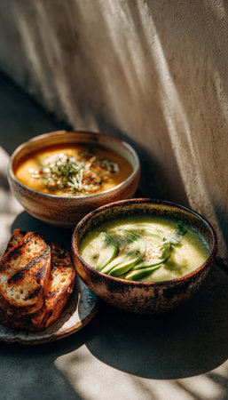 Close-up of two bowls of plant-based soups and avocado toast in a rustic kitchen setting. Captured in warm afternoon light, showcasing natural textures and homemade simplicity.の素材