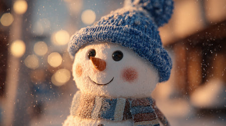 A delightful snowman wearing a blue hat and scarf smiles warmly amidst gentle snowfall. Captured during golden hour, the scene exudes a cinematic winter charm and cozy ambiance.の素材