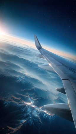 A cinematic scene capturing an aircraft wing slicing through the air with a glowing blue horizon. The high-altitude view showcases a stunning landscape beneath, emphasizing realism and travel.の素材