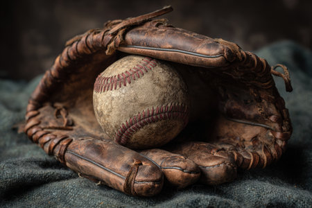 A classic aged baseball mitt cradles a scuffed ball, set against a dark studio backdrop. The rugged, distressed leather evokes timeless sports nostalgia under a soft spotlight.の素材