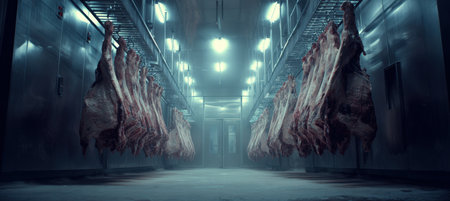 Symmetrical arrangement of meat carcasses hanging in a cold processing room. The metallic textures and frosty air create a cinematic industrial aesthetic.の素材