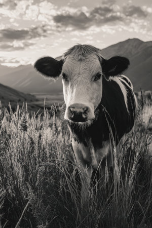A black and white cow stands in tall grass with a curious expression. The scene is set against a mountain backdrop during golden hour, creating a serene rural atmosphere.の素材