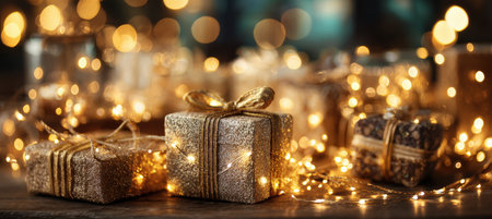 Beautifully wrapped holiday presents adorned with twinkling Christmas lights and golden decor, creating a warm, nostalgic ambiance perfect for festive celebrations.の素材