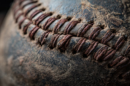 Close-up still-life of an old baseball showcasing its cracked hide and dusty stitching. The image emphasizes the dramatic texture and weathered appearance of the ball.の素材