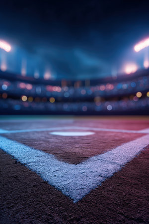Vertical close-up of a baseball home plate centered in a glowing stadium. Rich colors and cinematic lighting create a sense of quiet anticipation and excitement.の素材