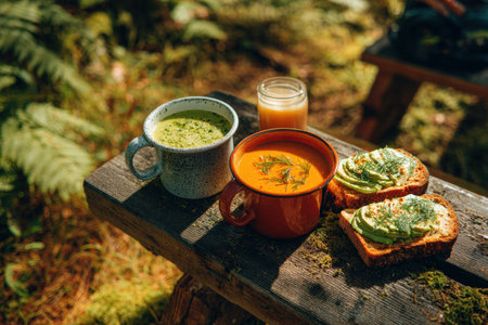 A picturesque outdoor picnic scene featuring green and orange soups and avocado toast on a wooden table. Surrounded by lush greenery, the setting is bathed in warm daylight.の素材