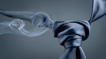 A silk necktie gracefully twists midair, intertwined with smooth smoke flows, set against a classic office-style background. Ideal for showcasing refined menswear.の素材