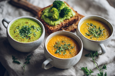 A vibrant vegetarian meal featuring creamy green and orange soups garnished with fresh herbs, served in white cups. Accompanied by avocado toast with broccoli on a linen cloth.の素材