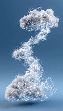 Conceptual image depicting a server-to-cloud data connection with smoke links forming a network on a digital background, symbolizing cloud computing and data transfer.の素材