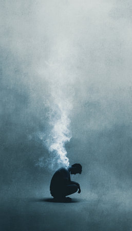 Silhouette of a hunched person with smoke trailing downward, set against a muted gray canvas. This emotive image is ideal for mental health awareness and expressive campaigns.の素材
