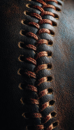 Tall close-up of baseball seams showcasing cracked leather with warm highlights. An elegant vertical sports still-life capturing the texture and detail of the ball.の素材