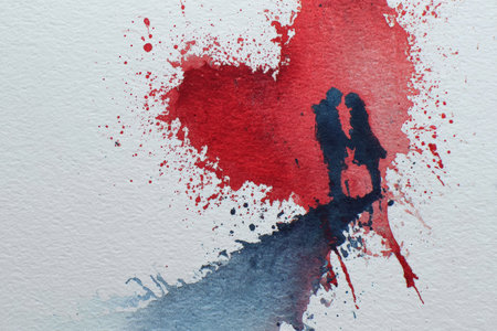 Artistic watercolor painting depicting a silhouette of lovers blending into red heart splashes. The artwork captures emotional depth and surrealism, creating a romantic visual impact.の素材