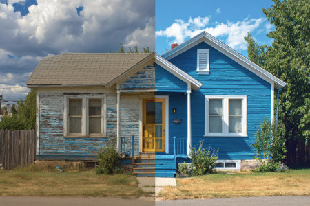 Comparison of a house renovation showing a dramatic transformation from old, weathered exterior to fresh, modern blue siding on a sunny day, highlighting realistic improvements.の素材
