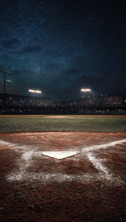 Vertical shot of a baseball home plate illuminated by stadium lights under a starry night sky. The image highlights the crisp textures of the dirt and grass on the field.の素材