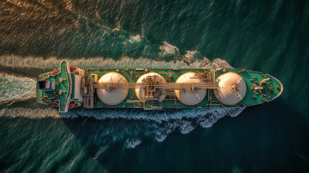 A large modern gas carrier ship with four white domed tanks navigates through a turquoise sea. The vessel features green deck textures, steel railings, and minimal waves.の素材