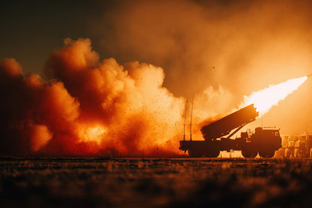 A missile launch at dusk creates a dramatic scene with an orange glow illuminating dust clouds. The silhouette of the launcher vehicle adds to the cinematic, war-scene feel.の素材