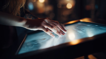 A woman's hands interact with a modern touchscreen in a boutique setting. The scene features elegant lighting and a minimalist, cinematic style, highlighting technology in retail.の素材