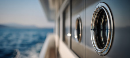 Macro close-up of yacht hull windows and metal details with a blurred sea in the background, creating a minimalistic travel-luxury atmosphere. Ideal for marine and luxury themes.の素材