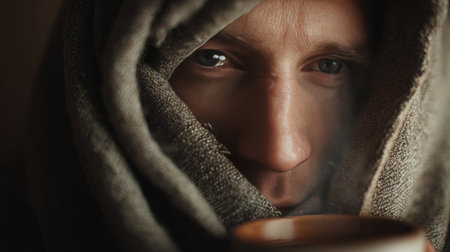 A person wrapped in a heavy blanket holds a warm drink, eyes closed in fatigue. The scene captures a subtle cold-weather mood with soft, cinematic lighting in a minimal indoor setting.の素材