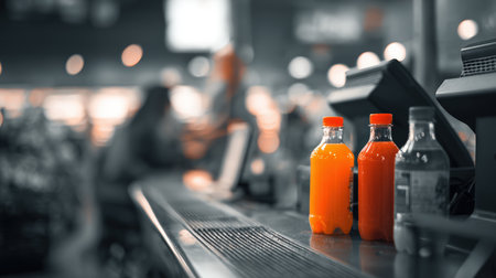 A minimalistic scene at a grocery checkout features orange drink bottles on a conveyor belt. The cashier is blurred in the background, creating a cinematic aesthetic with ambient lighting.の素材