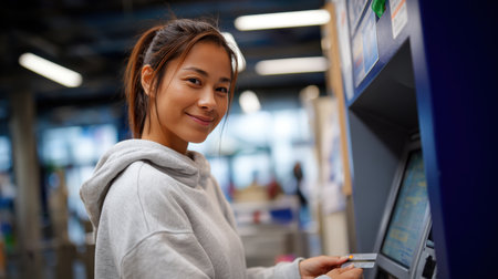 A Southeast Asian woman with tan skin and dark hair in a grey hoodie uses a credit card at a blue self-checkout kiosk in a casual shopping environment.の素材
