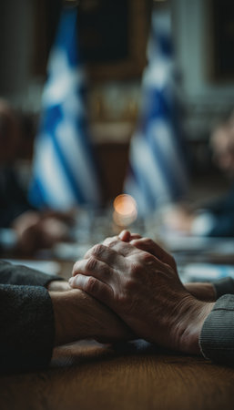 Hands clasped in contemplation during a meeting, with blurred Greek and Bulgarian flags in the background, creating a subtle office ambience.の素材