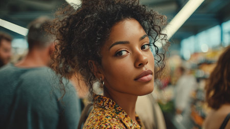 An African-American woman with curly dark hair and medium brown skin looks impatient while standing in a busy supermarket line. The scene is captured in natural lighting with a cinematic tone.の素材
