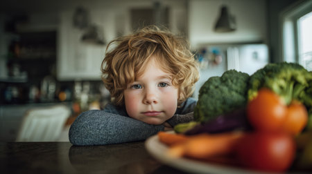 A child rests their head on their arms, avoiding a plate of vegetables in a modern kitchen. The soft morning light and cinematic mood create a serene atmosphere, captured with wide-angle framing.の素材