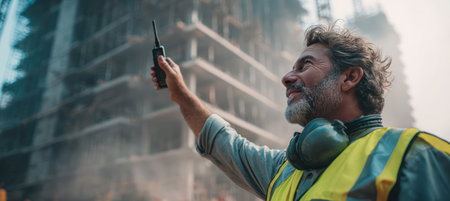 A construction engineer in a neon safety vest points towards a high-rise building under construction. Holding a walkie-talkie, he stands in a dusty, industrial setting, overseeing progress.の素材