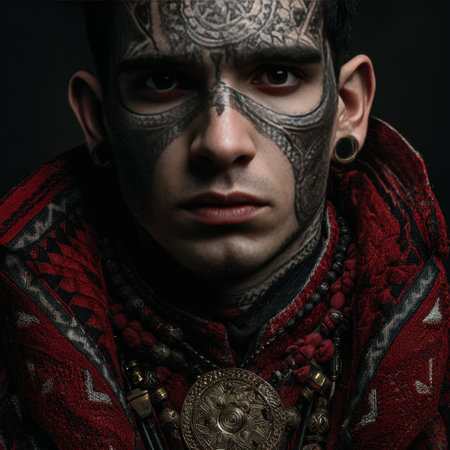 Close-up portrait of a man with detailed facial tattoos, wearing traditional red and black attire with ornate jewelry. The image captures cultural expression and artistic body modification.の素材
