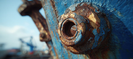 Ultra-close macro perspective of a corroded anchor housing, showcasing intricate rust patterns with a blurred blue hull in the background, highlighting industrial steel artistry.の素材