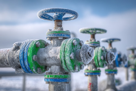 Close-up of frost-covered industrial pipeline valves with green and blue painted steel. The valves are in an idle state at an outdoor site under a winter sky.の素材