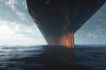 A cinematic view of a colossal freight ship's bow rising above gentle waves, showcasing weathered steel textures under bright natural light, emphasizing engineering realism.の素材