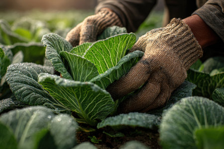 Close-up image of gloved hands gently shaping cabbage leaves, covered in morning dew. The scene captures the soft natural glow and intimate macro realism of the moment.の素材