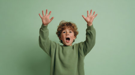 A 9-year-old child in a casual outfit raises hands excitedly against a pastel green background. Captured with a 35mm lens and soft lighting, ideal for promotional covers.の素材