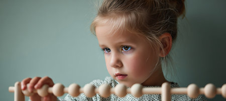 Close-up of a 7-year-old child concentrating on placing wooden beads on a rod structure. The scene features a pale mint backdrop and soft directional lighting, creating an educational vibe.の素材