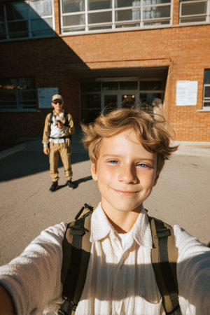 A boy takes a selfie in front of his school on a bright morning, capturing a humorous moment as someone in a costume walks behind him, creating a funny contrast.の素材