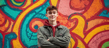 Teen boy with acne smiles confidently, standing with crossed arms in front of a vibrant urban mural. Dressed in streetwear, he embodies youthful energy and urban culture.の素材